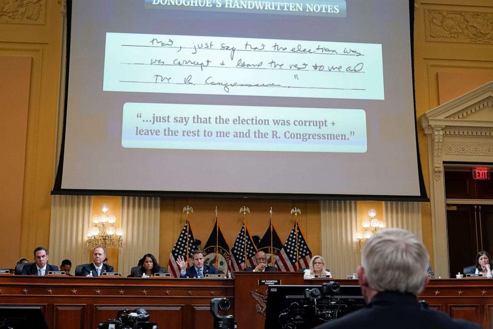 PHOTO: Handwritten notes from Richard Donoghue, former acting Deputy Attorney General, are displayed during a public hearing of the House select committee investigating the Jan.  6 attack on the US Capitol, June 23, 2022, in Washington.