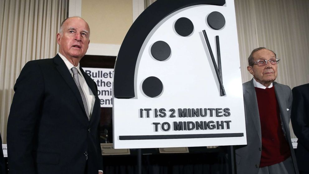 PHOTO: Former California Governor Jerry Brown, (L) and former Secretary of Defense William Perry unveil the Doomsday Clock during The Bulletin of the Atomic Scientists news conference, Jan. 24, 2019, in Washington, D.C.