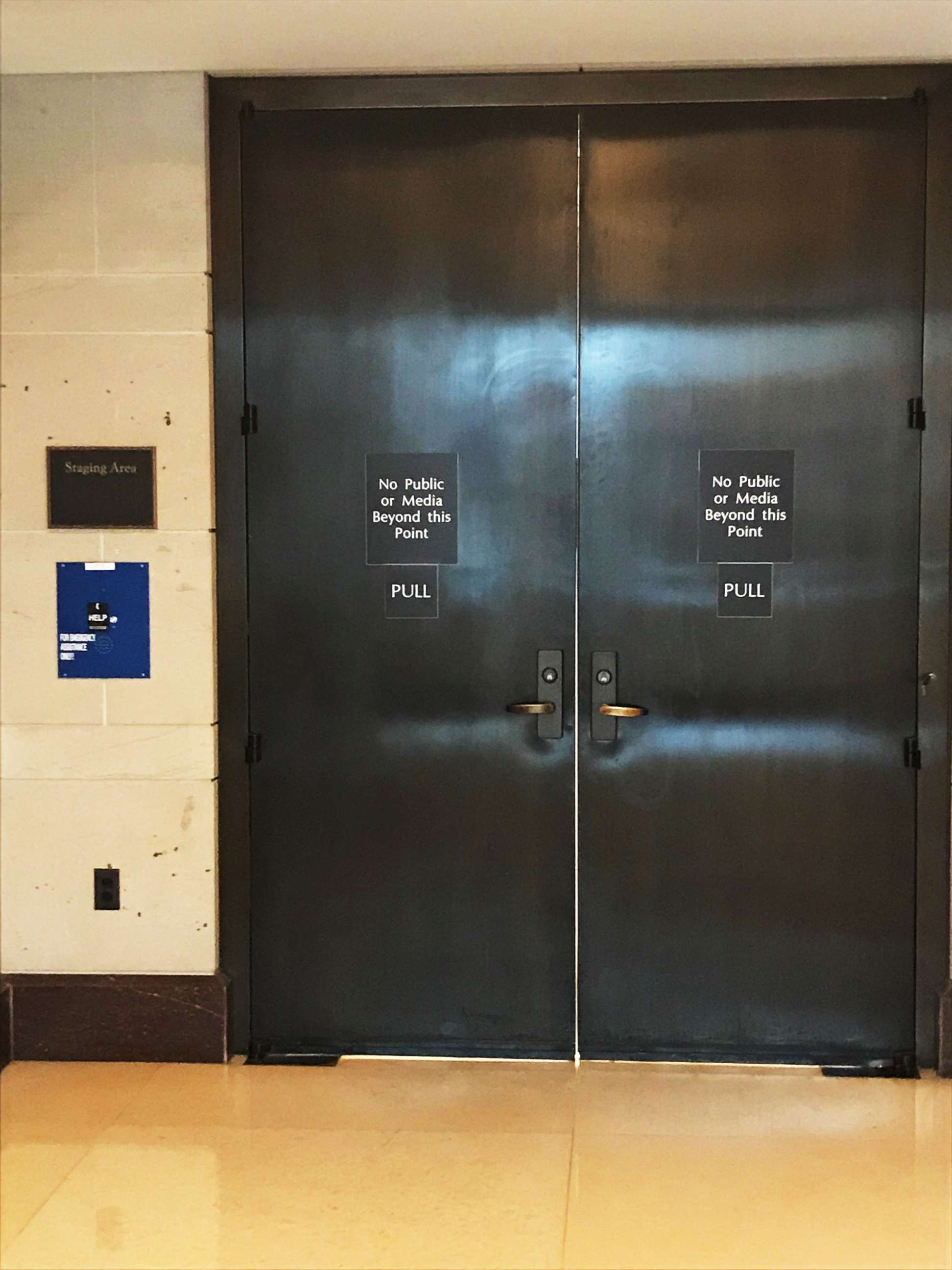 PHOTO: A view of the closed doors where senators will review the FBI supplemental report on the Kavanaugh investigation, Oct. 4, 2018, in Washington, D.C.