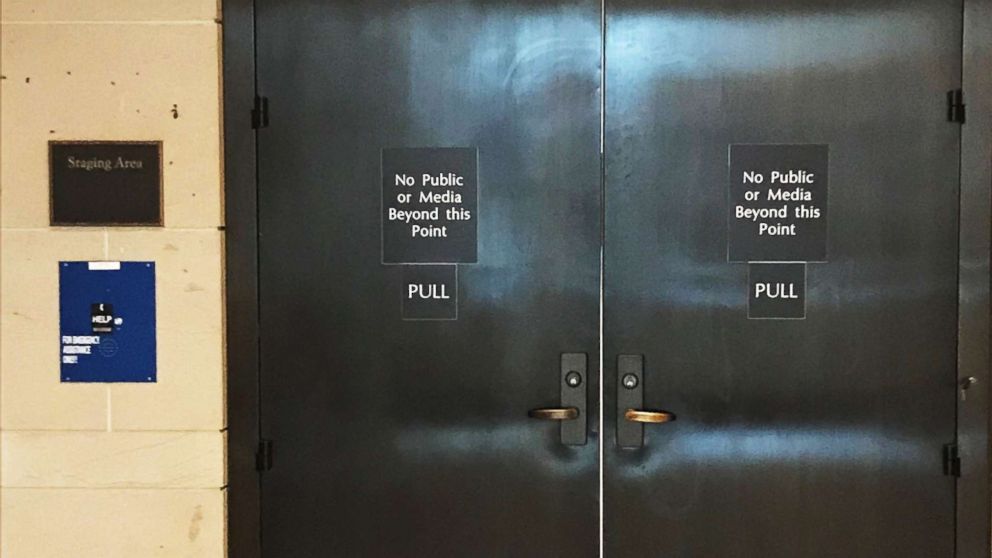 PHOTO: A view of the closed doors where senators will review the FBI supplemental report on the Kavanaugh investigation, Oct. 4, 2018, in Washington, D.C.