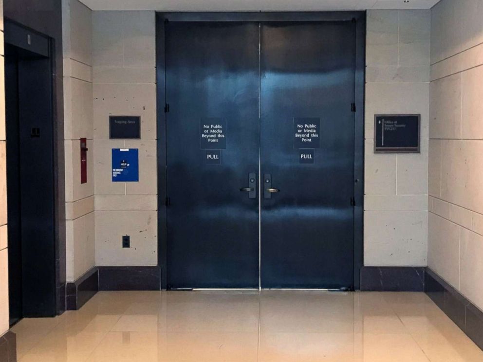 PHOTO: A view of the closed doors where senators will review the FBI supplemental report on the Kavanaugh investigation, Oct. 4, 2018, in Washington, D.C.