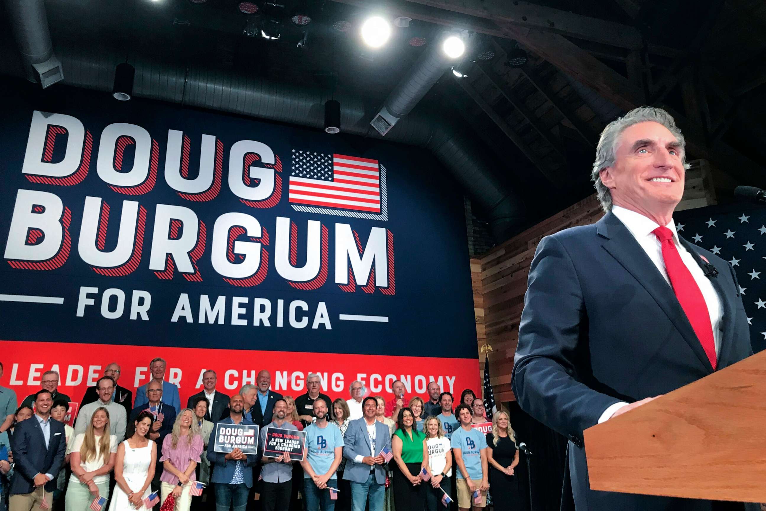 PHOTO: North Dakota Gov. Doug Burgum speaks as he kicks off his campaign for the 2024 Republican presidential nomination, June 7, 2023 in Fargo, N.D.