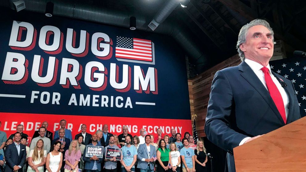 PHOTO: North Dakota Gov. Doug Burgum speaks as he kicks off his campaign for the 2024 Republican presidential nomination, June 7, 2023 in Fargo, N.D.