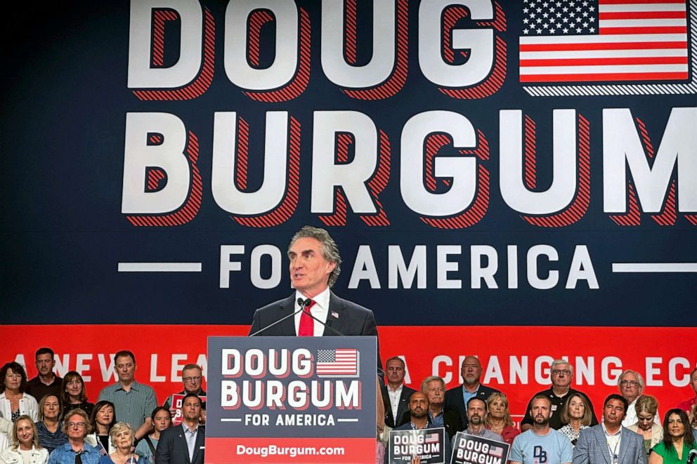PHOTO: North Dakota Gov. Doug Burgum speaks as he kicks off his campaign for the 2024 Republican presidential nomination, June 7, 2023 in Fargo, N.D.