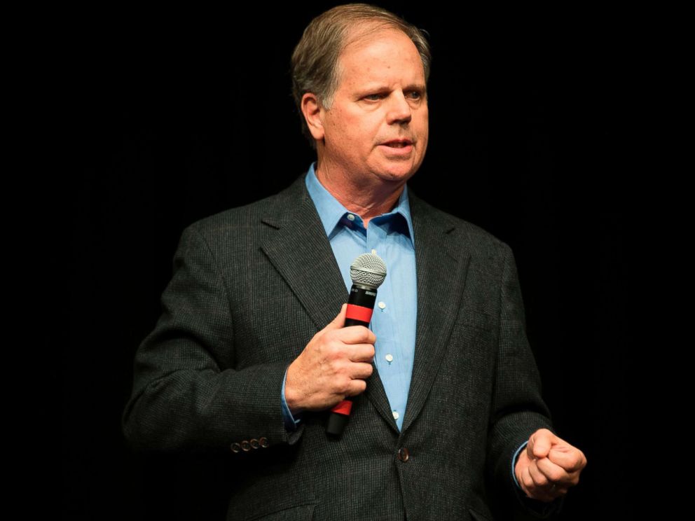 PHOTO: Democratic Senatorial candidate Doug Jones speaks during a rally in Birmingham, Ala., Dec. 9, 2017.