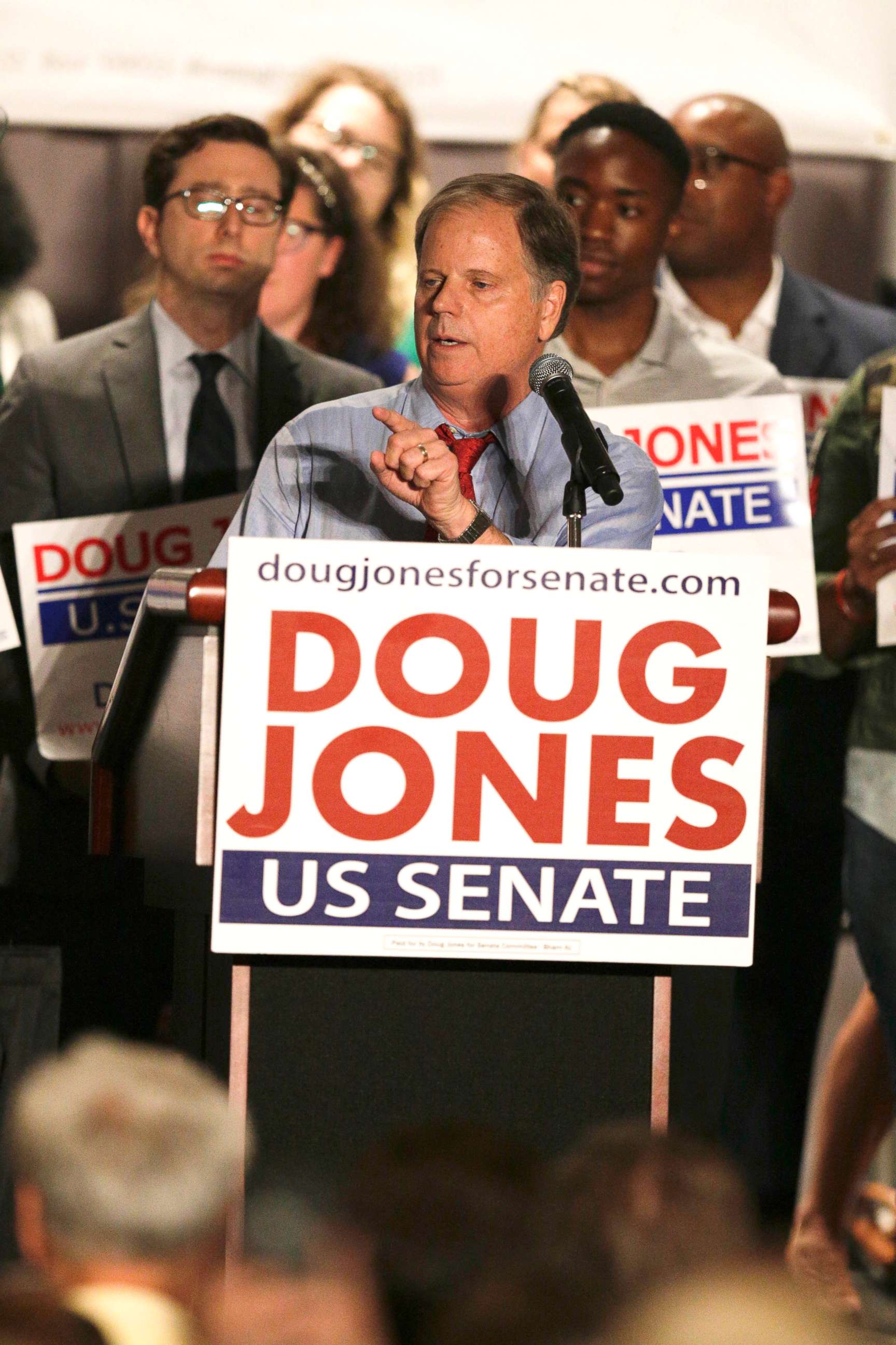PHOTO: Democrat Doug Jones speaks at a campaign rally the race to fill Attorney General Jeff Sessions' former Senate seat, Oct. 3, 2017, in Birmingham, Ala. 
