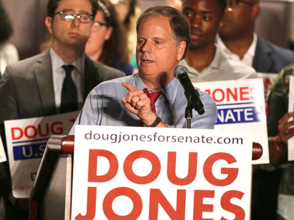 PHOTO: Democrat Doug Jones speaks at a campaign rally the race to fill Attorney General Jeff Sessions former Senate seat, Oct. 3, 2017, in Birmingham, Ala.