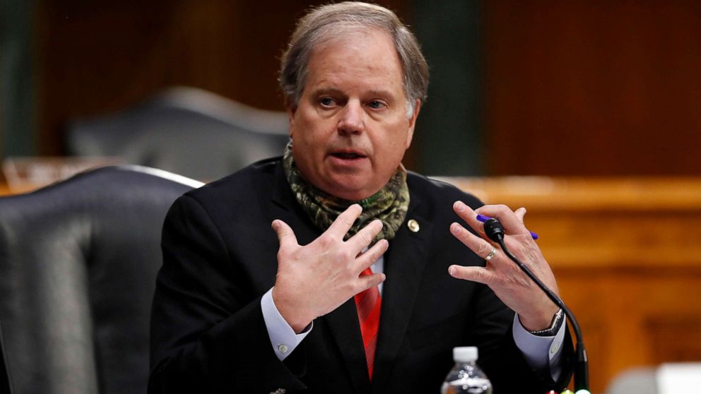 PHOTO: Sen. Doug Jones speaks during a Senate Health Education Labor and Pensions Committee hearing on new coronavirus tests on Capitol Hill, May 7, 2020, in Washington.