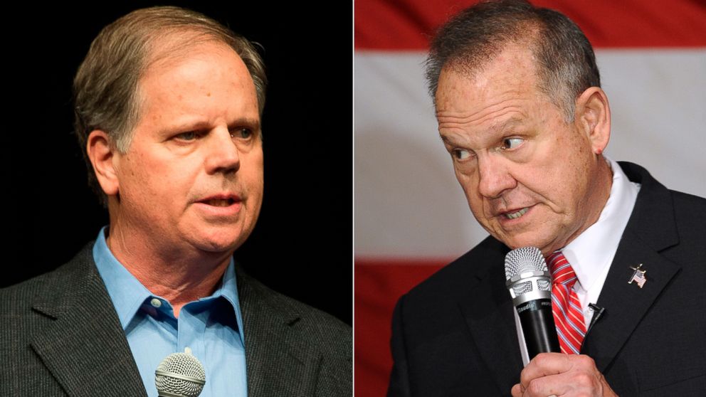 Pictured (L-R) are Democratic senatorial candidate Doug Jones in Birmingham, Ala., Dec. 9, 2017 and Republican senatorial candidate Judge Roy Moore in Fairhope, Ala., Dec. 5, 2017.