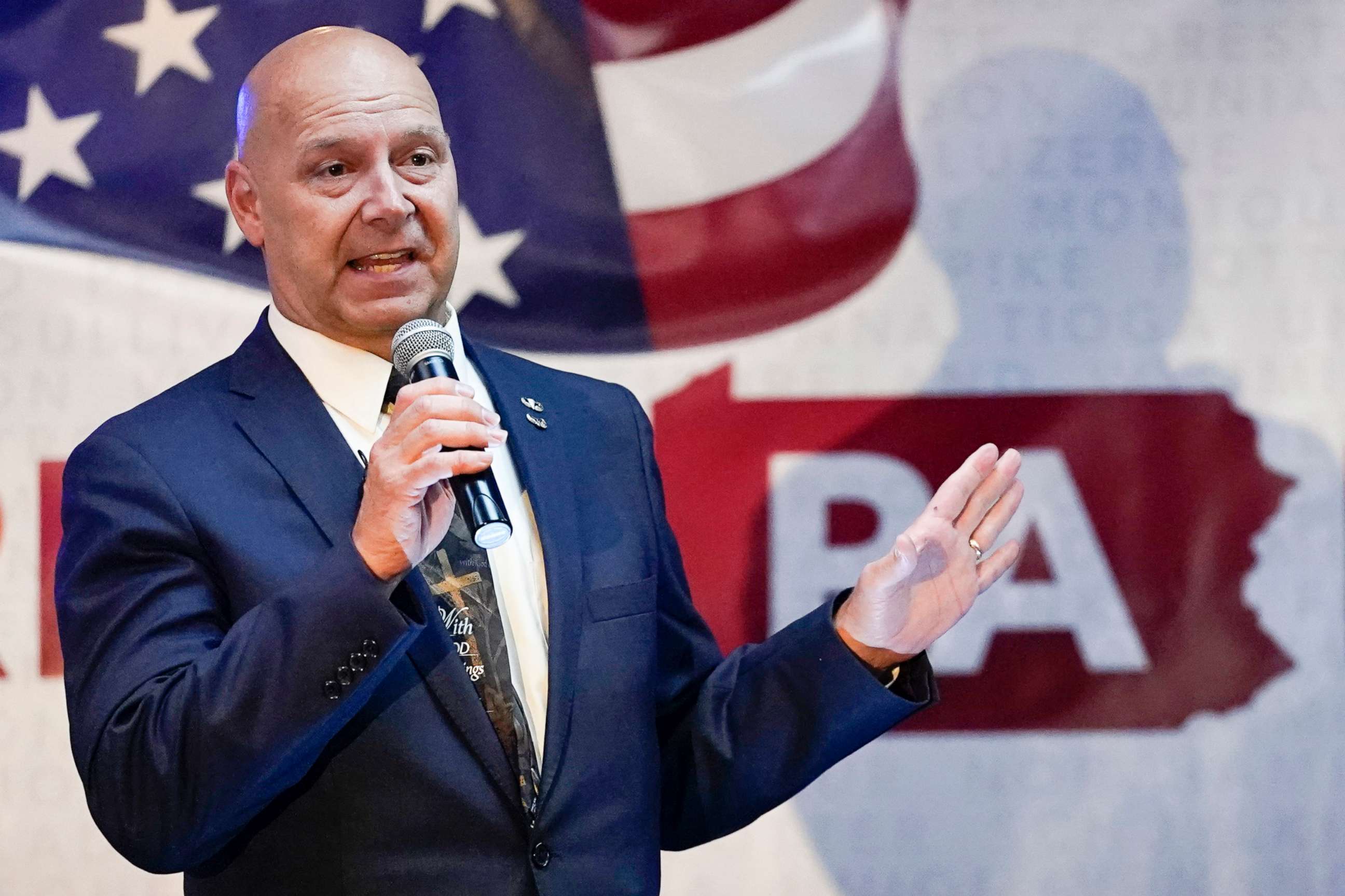 PHOTO: State Sen. Doug Mastriano, R-Franklin, a Republican candidate for Governor of Pennsylvania, speaks at a primary night election gathering in Chambersburg, Pa., May 17, 2022.