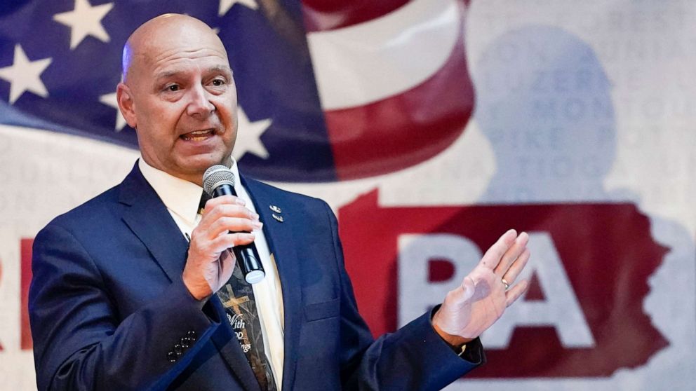 PHOTO: State Sen. Doug Mastriano, R-Franklin, a Republican candidate for Governor of Pennsylvania, speaks at a primary night election gathering in Chambersburg, Pa., May 17, 2022.