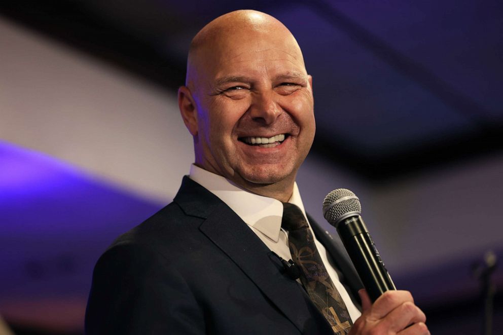 PHOTO: Republican gubernatorial candidate Doug Mastriano gives a victory speech at his election-night party at The Orchards on May 17, 2022 in Chambersburg, Pennsylvania.