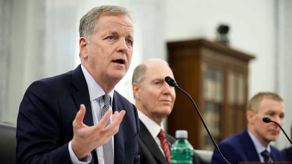 PHOTO: American Airlines CEO Doug Parker, Southwest Airlines CEO Gary Kelly and United Airlines CEO Scott Kirby testify before the Senate Commerce, Science, and Transportation Committee on Capitol Hill on Dec. 15, 2021, in Washington, D.C.