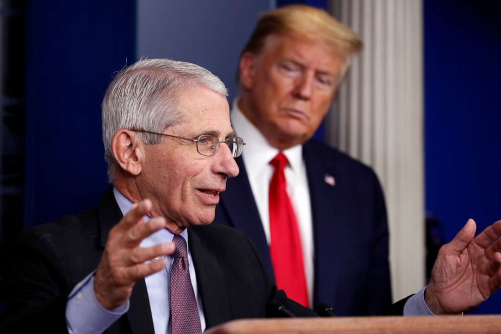 PHOTO: President Donald Trump watches as Dr. Anthony Fauci, director of the National Institute of Allergy and Infectious Diseases, speaks about the coronavirus in the White House, April 22, 2020.