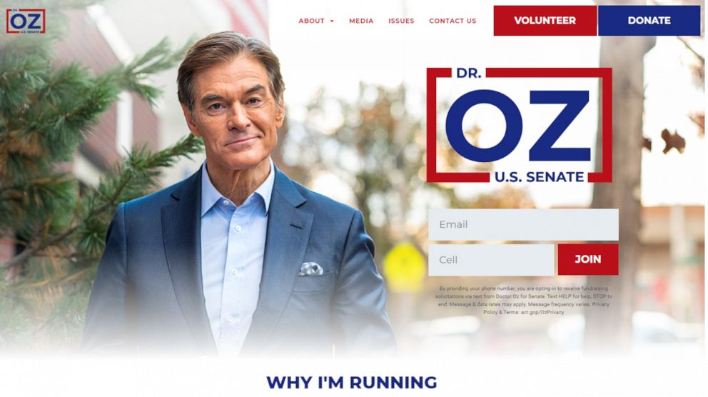 PHOTO: Mehmet Oz is pictured on the Dr. Oz website, which is promoting his senate campaign, in a screen grab made on Nov. 30, 2021.