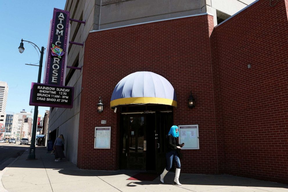 PHOTO: The outside of Atomic Rose where spectators watch a drag performance ahead of the implementation of a Tennessee law restricting drag in front of minors that is due to come into force on April 1 at Atomic Rose in Memphis, Tenn., March 26, 2023.