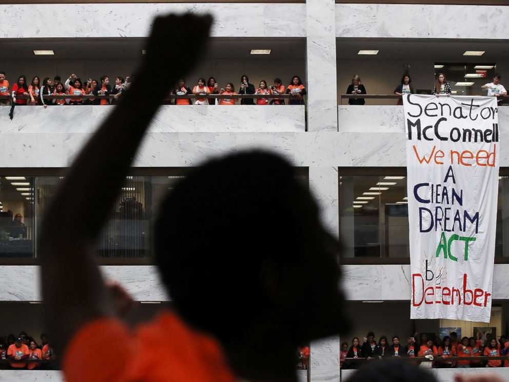 PHOTO: People calling for a clean Dream Act fill the halls and atrium during a protest inside of the Hart Senate Office Building on Nov. 9, 2017 in Washington.