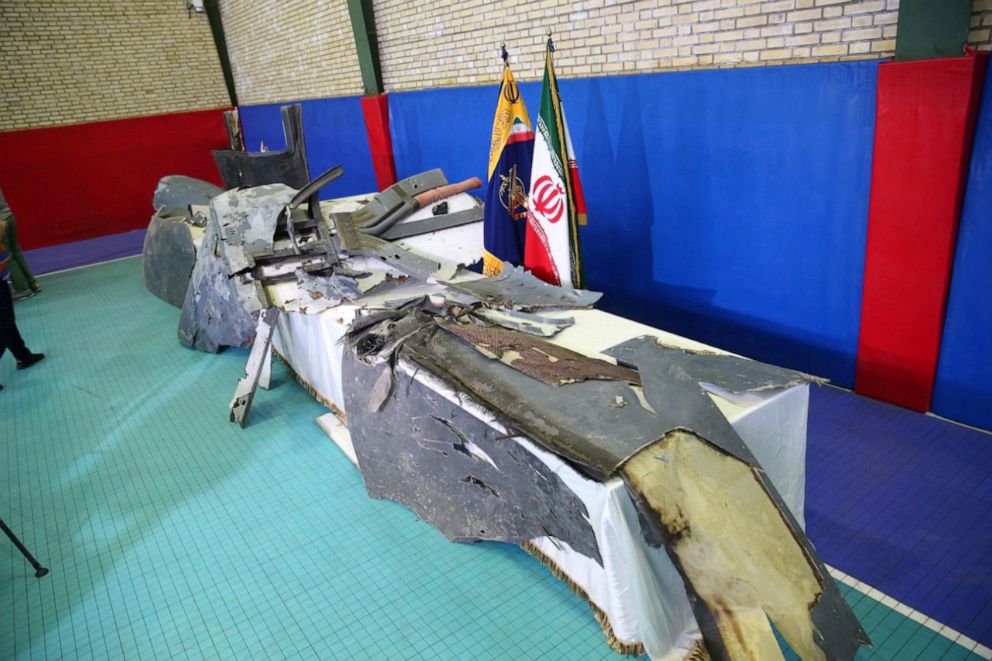 PHOTO: The purported wreckage of the American drone is seen displayed by the Islamic Revolution Guards Corps (IRGC) in Tehran, Iran, June 21, 2019. 