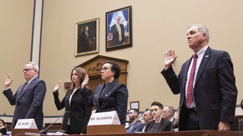 PHOTO: James W. Carroll Jr., Triana McNeil, and Mike McDaniel, are sworn in at a House Oversight and Reform Committee hearing on Capitol Hill, March 7, 2019. 