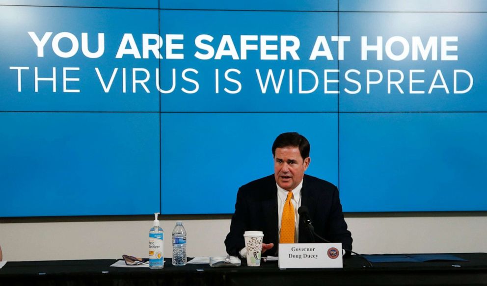 PHOTO: Arizona Republican Gov. Doug Ducey speaks about the latest coronavirus data at a news conference Thursday, June 25, 2020, in Phoenix.