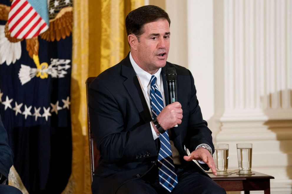 PHOTO: Arizona Gov. Doug Ducey speaks at a roundtable during an event to salute U.S. Immigration and Customs Enforcement (ICE) officers and U.S. Customs and Border Protection (CBP) agents in the East Room of the White House, Aug. 20, 2018. 