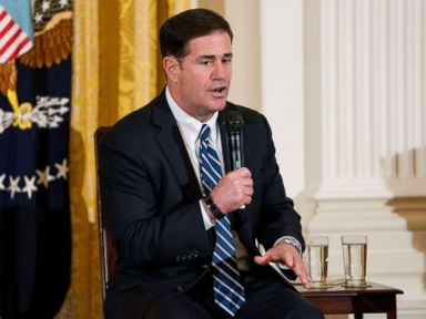 PHOTO: Arizona Gov. Doug Ducey speaks at a roundtable during an event to salute U.S. Immigration and Customs Enforcement (ICE) officers and U.S. Customs and Border Protection (CBP) agents in the East Room of the White House, Aug. 20, 2018.