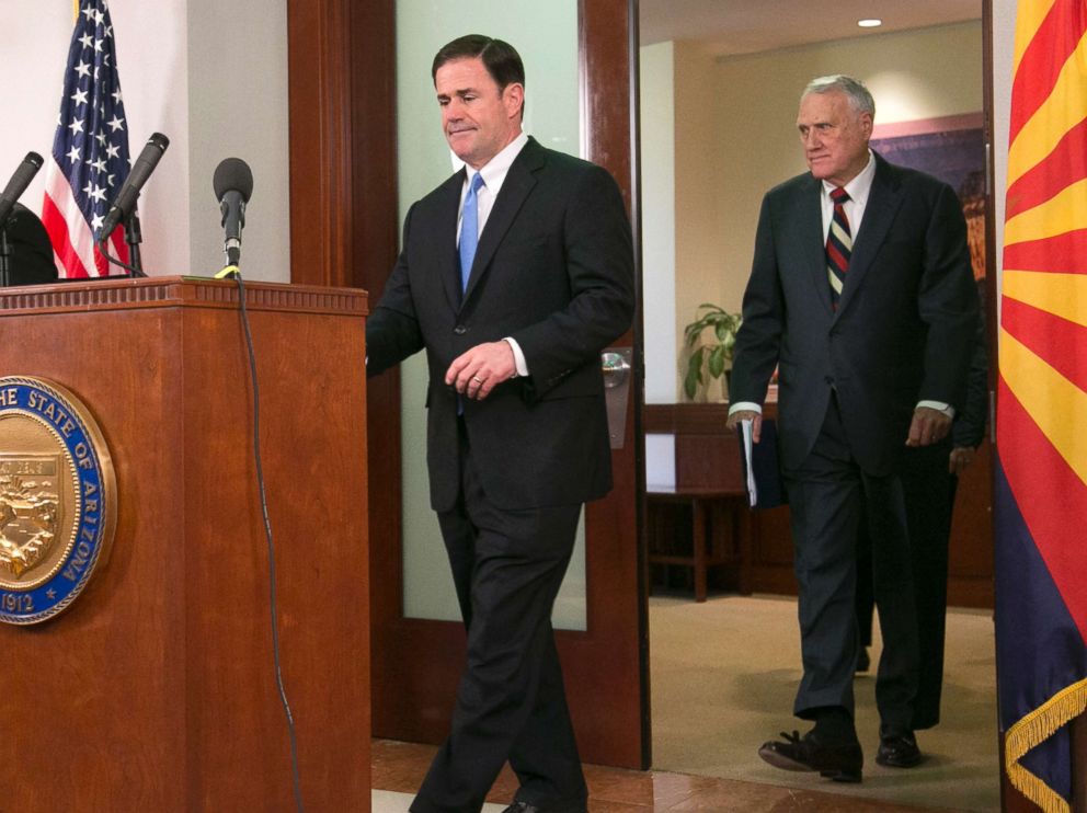 PHOTO: Arizona governor Doug Ducey nominates Former U.S. Sen. Jon Kyl to be the successor to John McCain in the U.S. Senate at the Governor's office in Phoenix, Sept. 4, 2018.