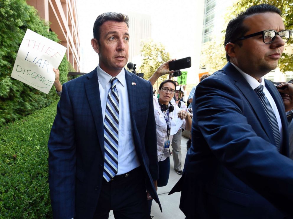 PHOTO: Rep. Duncan Hunter, center, leaves an arraignment hearing, Aug. 23, 2018, in San Diego.