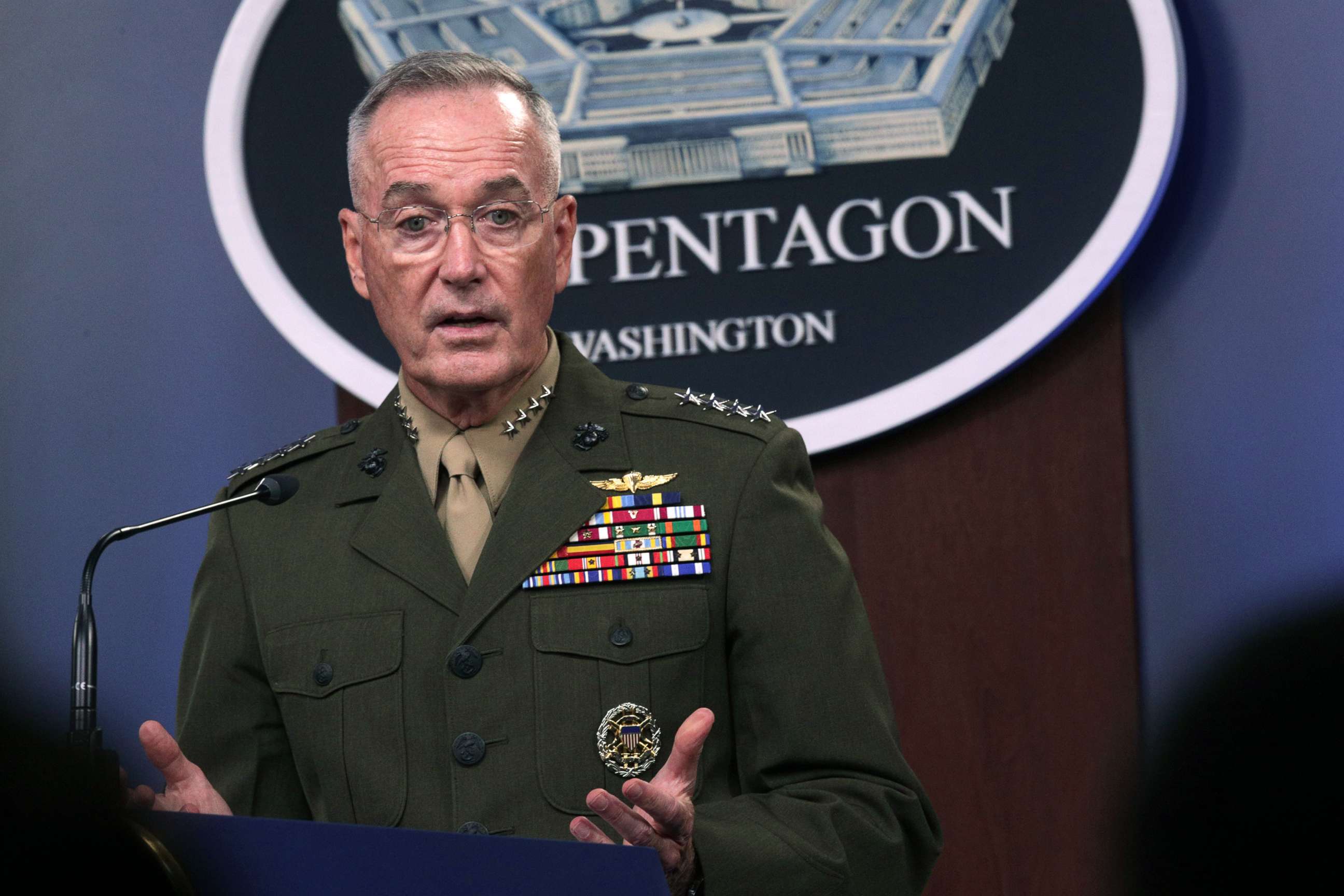 PHOTO: Chairman of Joint Chiefs of Staff General Joseph Dunford speaks during a media briefing with Secretary of Defense Mark Esper at the Pentagon, Aug. 28, 2019, in Arlington, Va.