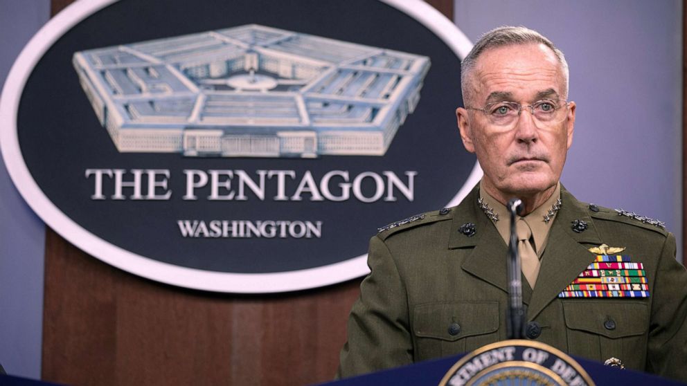PHOTO: Joint Chiefs of Staff Chairman General Joseph Dunford makes a speech during the joint press conference at the Pentagon, Aug. 28, 2019.