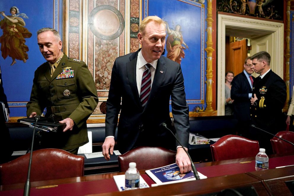 PHOTO: Acting Defense Secretary Patrick Shanahan and Chairman of the Joint Chiefs of Staff General Joseph Dunford arrive to testify before a Senate Appropriations Defense Subcommittee on Capitol Hill in Washington, May 8, 2019.