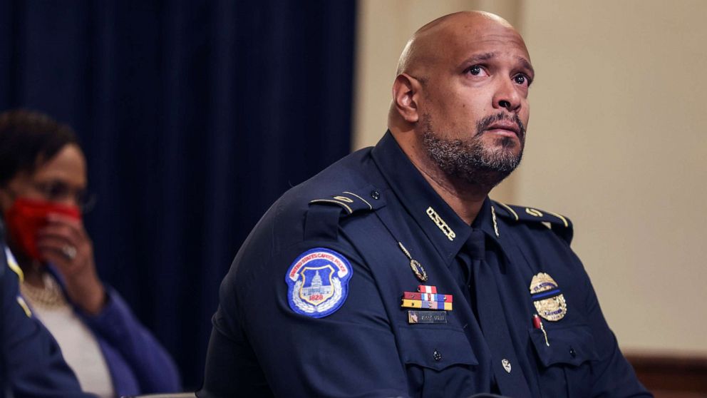 PHOTO: U.S. Capitol Police officer Harry Dunn becomes emotional as he testifies before the House Select Committee investigating the January 6 attack on the U.S. Capitol, July 27, 2021 at the Canon House Office Building in Washington, D.C.