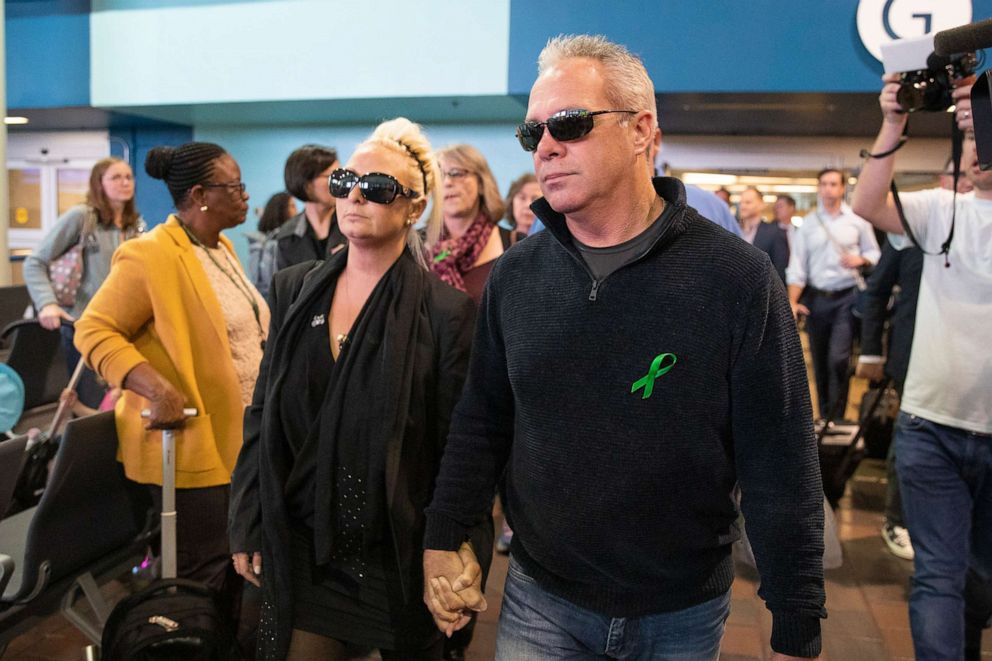 PHOTO: Charlotte Charles, left, mother of British teenager Harry Dunn, and her husband Bruce Charles arrives at Union Station in Washington, Oct. 15, 2019.