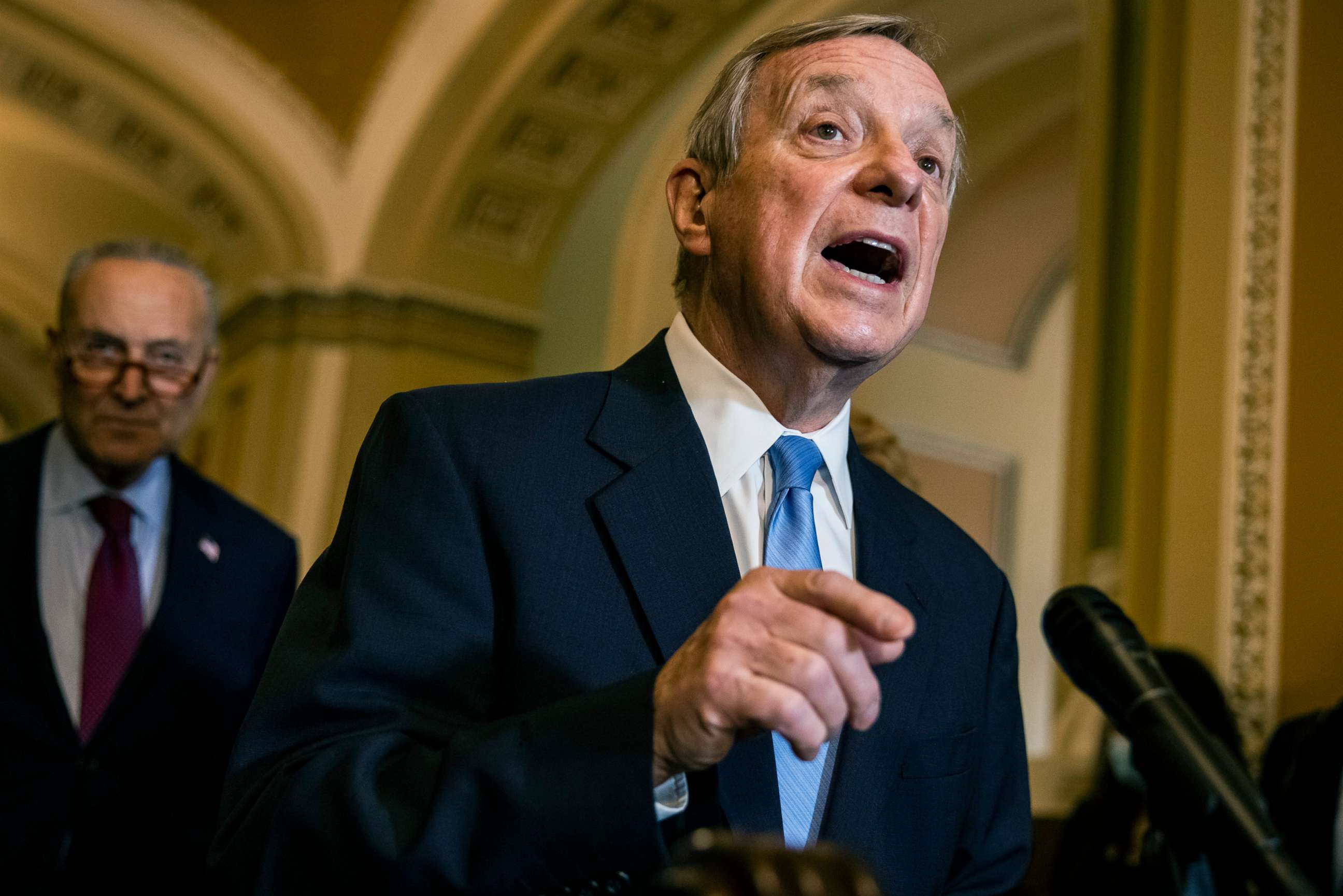 PHOTO: Sen. Dick Durbin speaks during a press conference following the Democrats Policy Luncheon at the Capitol, Oct. 26, 2021.