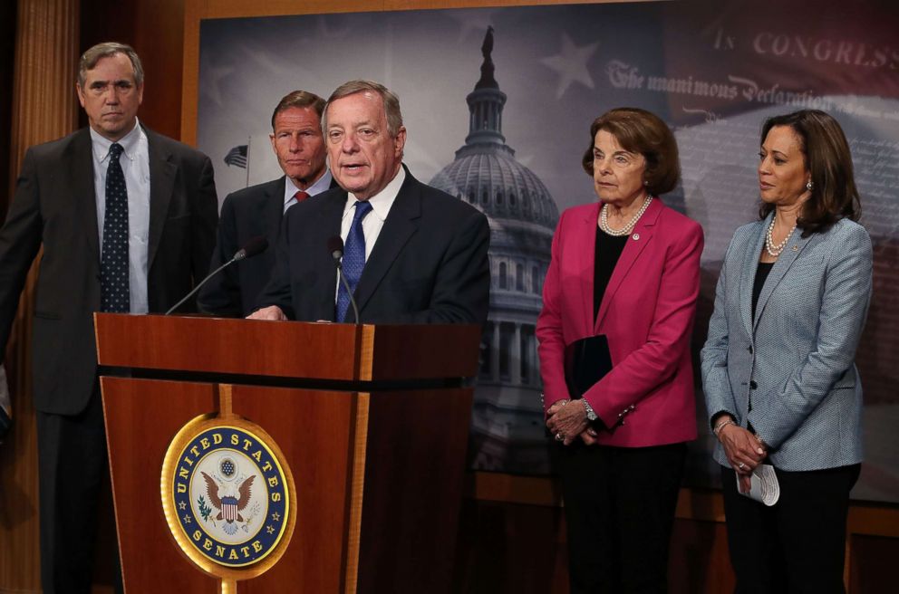 PHOTO: Senate Minority Whip Dick Durbin, (C), speaks about the Keep Families Together Act, which aims to prevent the separation of immigrant children from their parents, on Capitol Hill, June 12, 2018, in Washington, DC.
