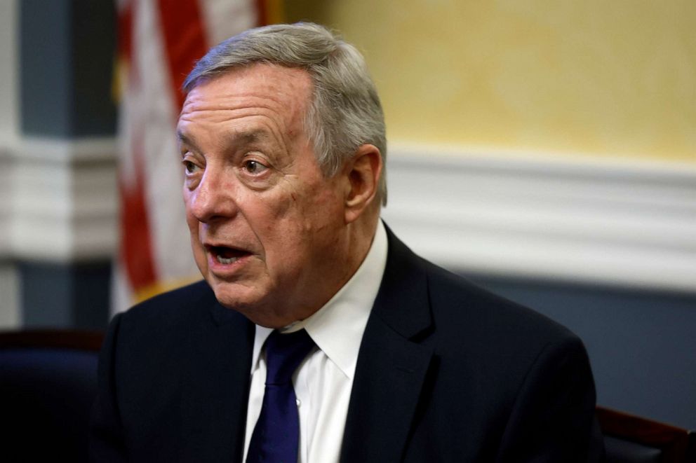 PHOTO: Senate Majority Whip Dick Durbin speaks during a meeting in the U.S. Capitol Building on April 18, 2023 in Washington, D.C.