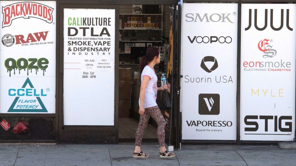 PHOTO: A vaping store is seen before the Los Angeles County Department of Public Health press conference to announce an investigation into deaths associated with the use of e-cigarettes, also known as vaping, in Los Angeles on September 6, 2019.