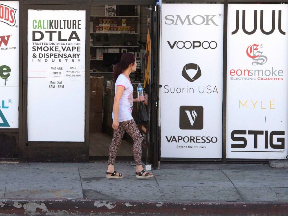 PHOTO: A vaping store is seen before the Los Angeles County Department of Public Health press conference to announce an investigation into deaths associated with the use of e-cigarettes, also known as vaping, in Los Angeles on September 6, 2019.