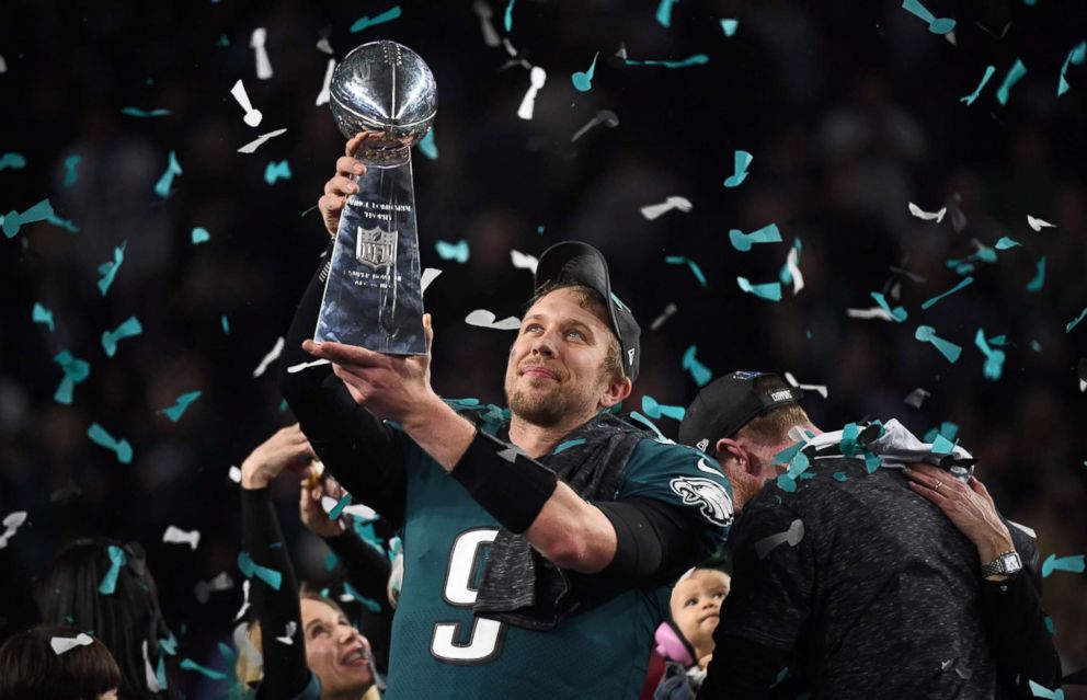 PHOTO: Philadelphia Eagles quarterback Nick Foles celebrates after winning Super Bowl LII against the New England Patriots in Minneapolis, Feb. 4, 2018.