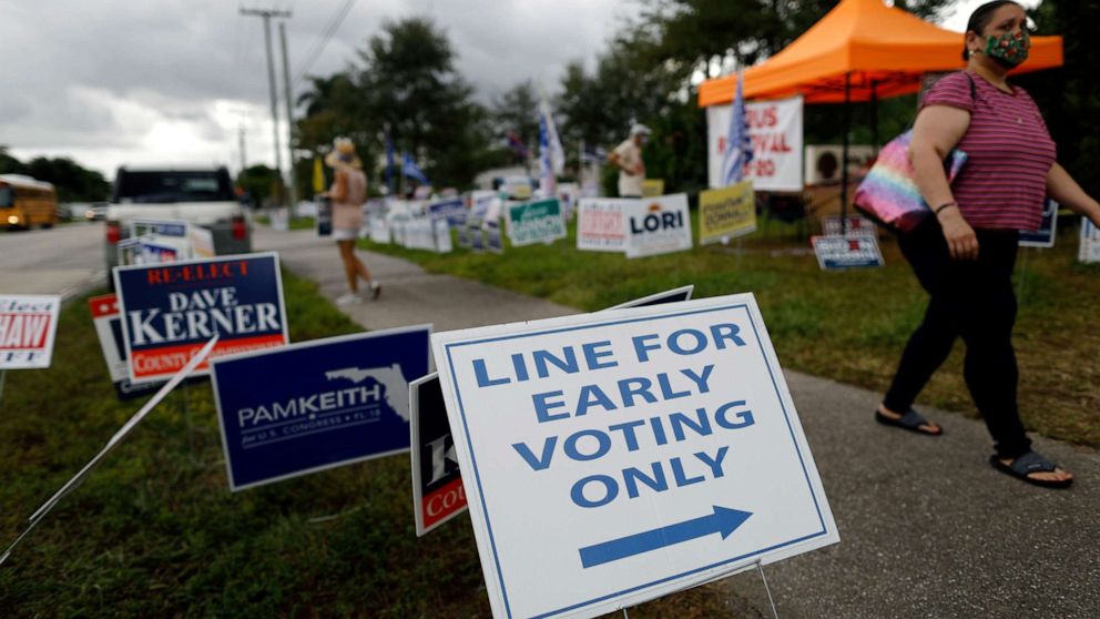 PHOTO: Signs supporting local and national candidates line the sidewalk outside an early voting polling station in Lake Worth, Fla., Friday, Oct. 30, 2020.