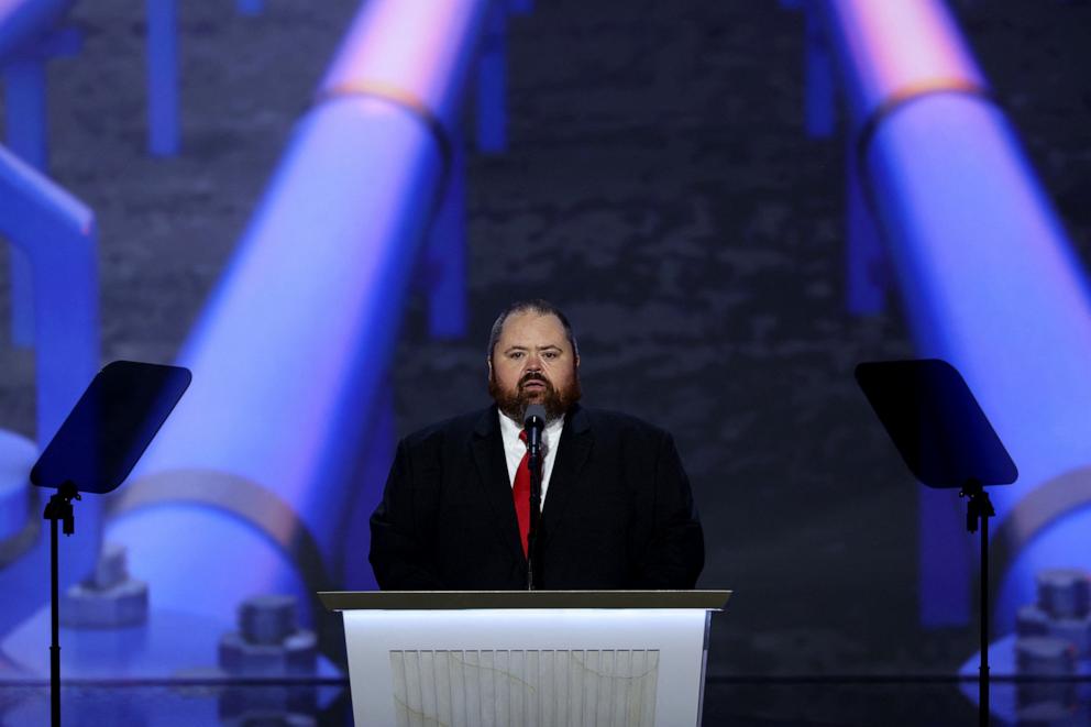 PHOTO: East Palestine, Ohio, Mayor Trent Conaway speaks on Day 3 of the Republican National Convention (RNC) in Milwaukee, Wis., July 17, 2024.