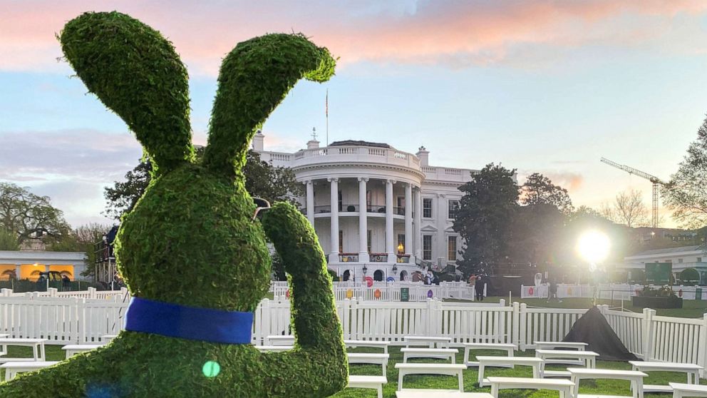 PHOTO: A topiary bunny and other decorations are in place on the South Lawn as President Joe Biden will welcome thousands of children and their families for the annual Easter Egg Roll at the White House in Washington, D.C., April 18, 2022.