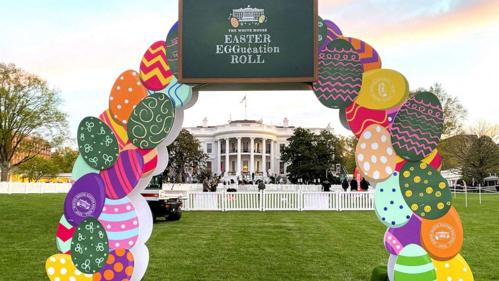 PHOTO: Decorations are in place on the South Lawn as President Joe Biden will welcome thousands of children and their families for the annual Easter Egg Roll at the White House in Washington, D.C., April 18, 2022.