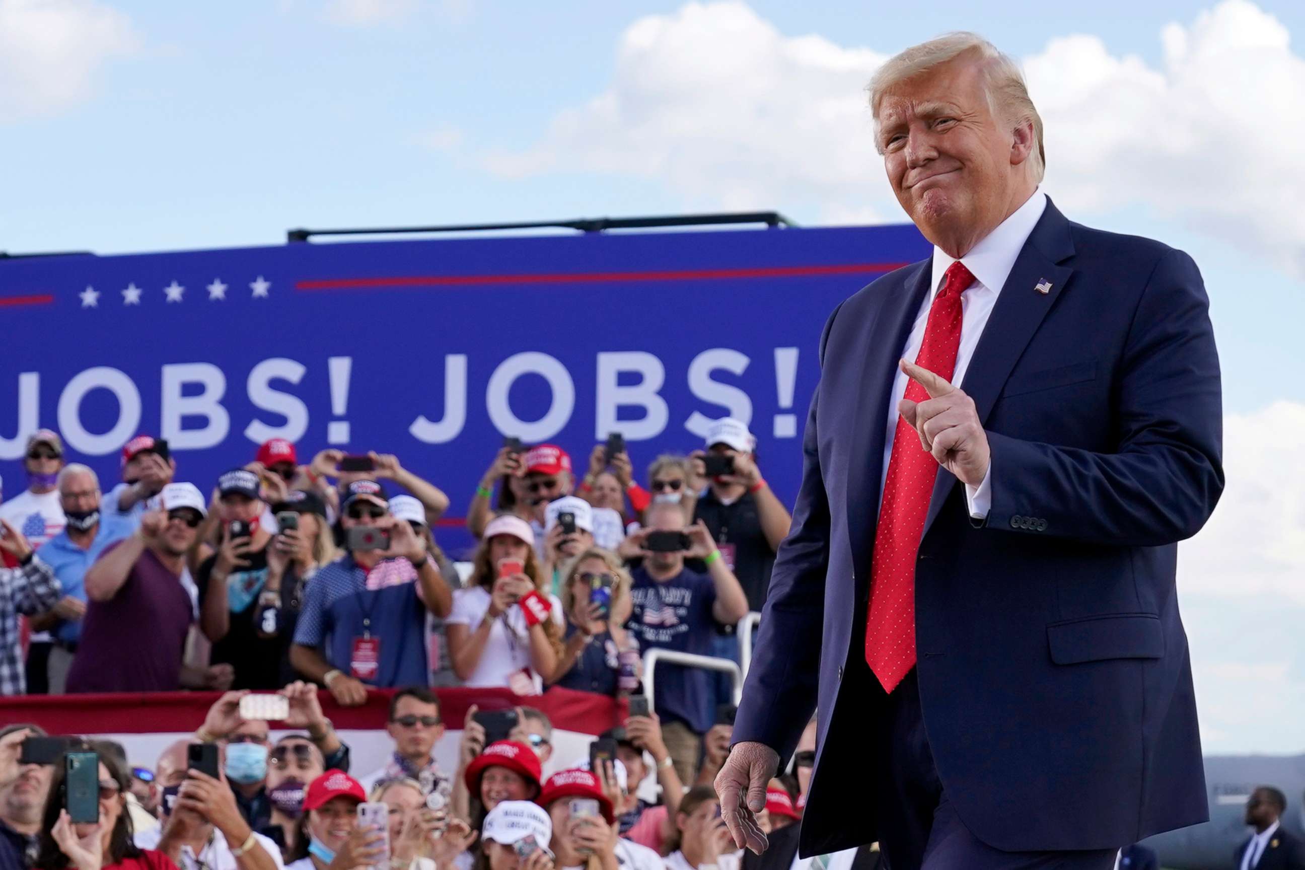 PHOTO: President Donald Trump arrives to speak at a campaign rally at Wittman Airport in Oshkosh, Wis., Aug. 17, 2020.
