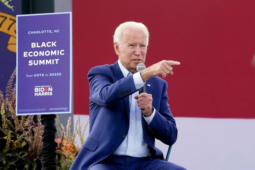 PHOTO: Democratic presidential candidate former Vice President Joe Biden speaks during a Biden for President Black economic summit at Camp North End in Charlotte, N.C., Sept. 23, 2020. 
