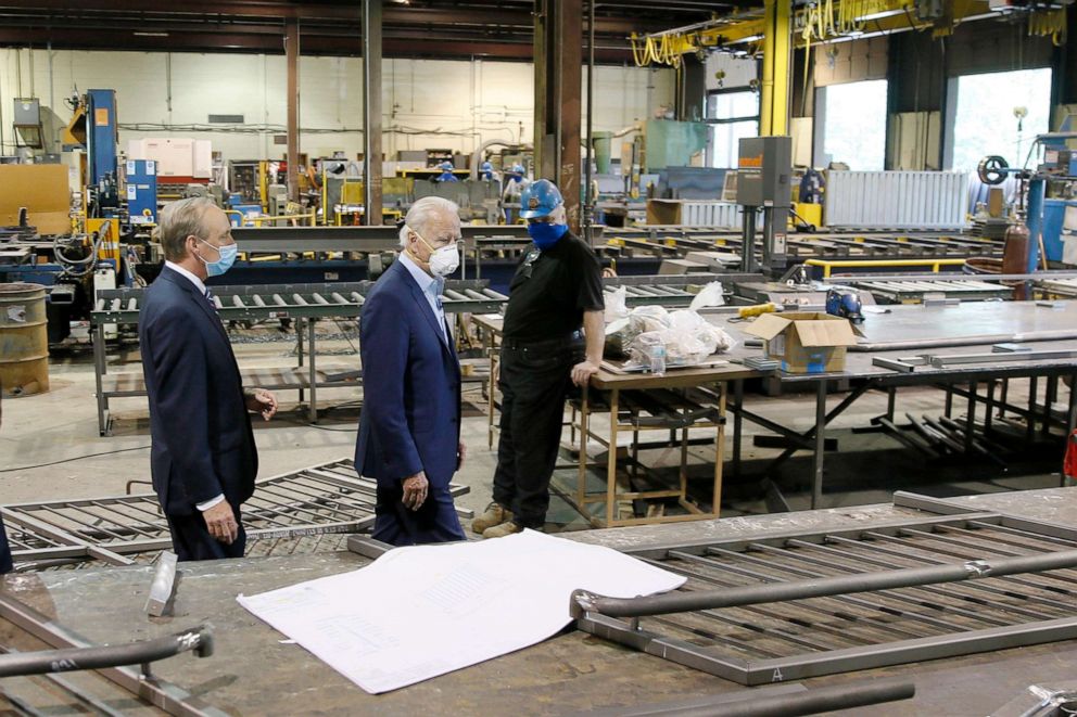 PHOTO: Democratic presidential candidate, former Vice President Joe Biden takes a tour of the McGregor Industries metal fabricating facility in Dunmore, Pa., July 9, 2020.