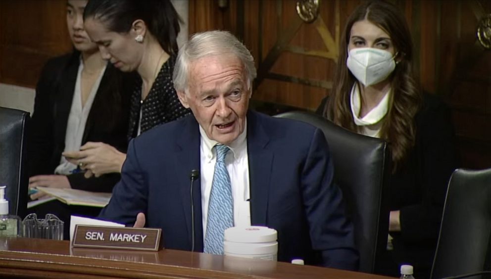 PHOTO: Senator Ed Markey questions Norfolk Southern Chief Executive Office Alan Shaw during a testimony on the East Palestine, Ohio train derailment before a U.S. Senate Environment and Public Works Committee hearing, in Washington, March 9, 2023.