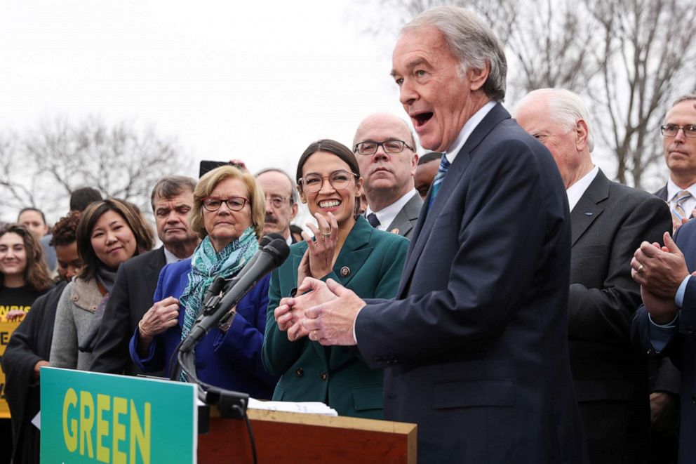 PHOTO: Rep. Alexandria Ocasio-Cortez and Sen. Ed Markey hold a news conference for their proposed "Green New Deal" to achieve net-zero greenhouse gas emissions in 10 years, at the U.S. Capitol in Washington, Feb. 7, 2019.