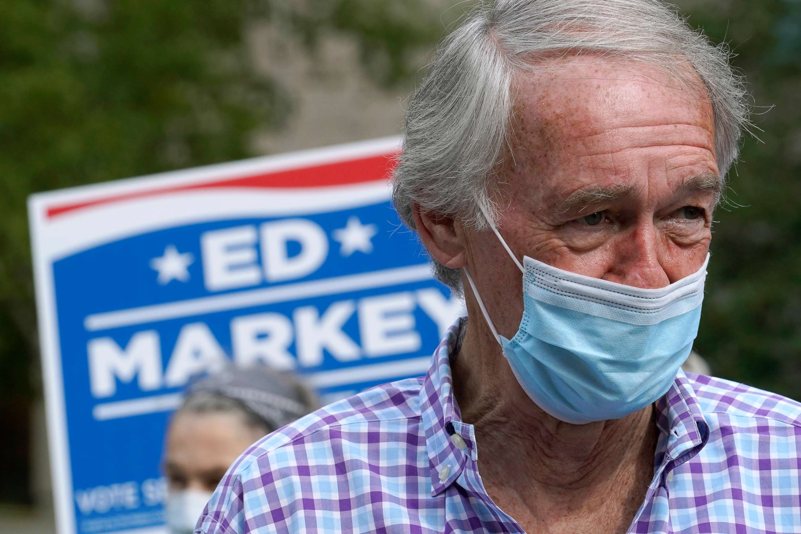 PHOTO: Sen. Ed Markey addresses members of the media during a campaign stop, Sept. 1, 2020, in Boston.