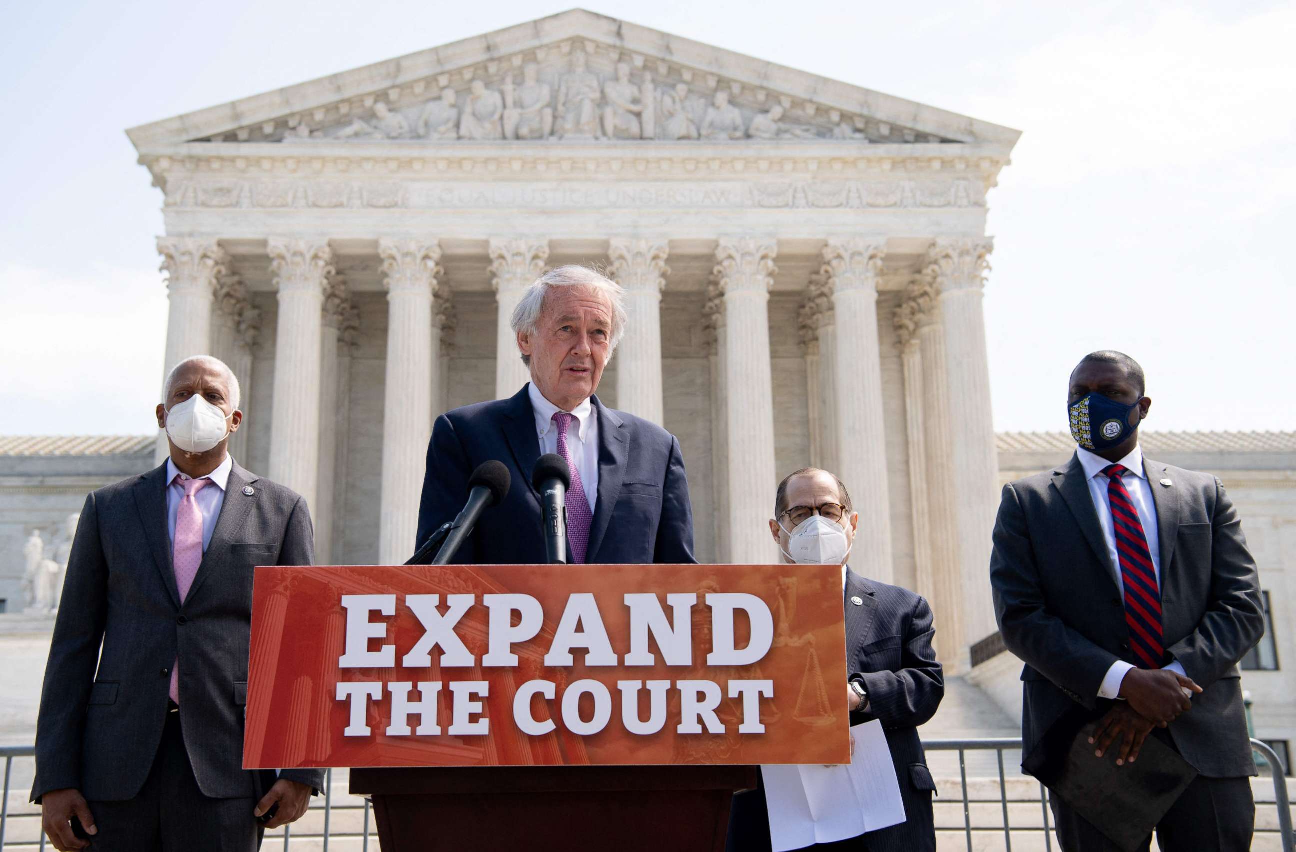 PHOTO: Senator Ed Markey speaks at a press conference to introduce a bill in Congress to expand the number of seats on the Supreme Court from 9 to 13, during a press conference in front of the Supreme Court in Washington, DC, April 15, 2021.